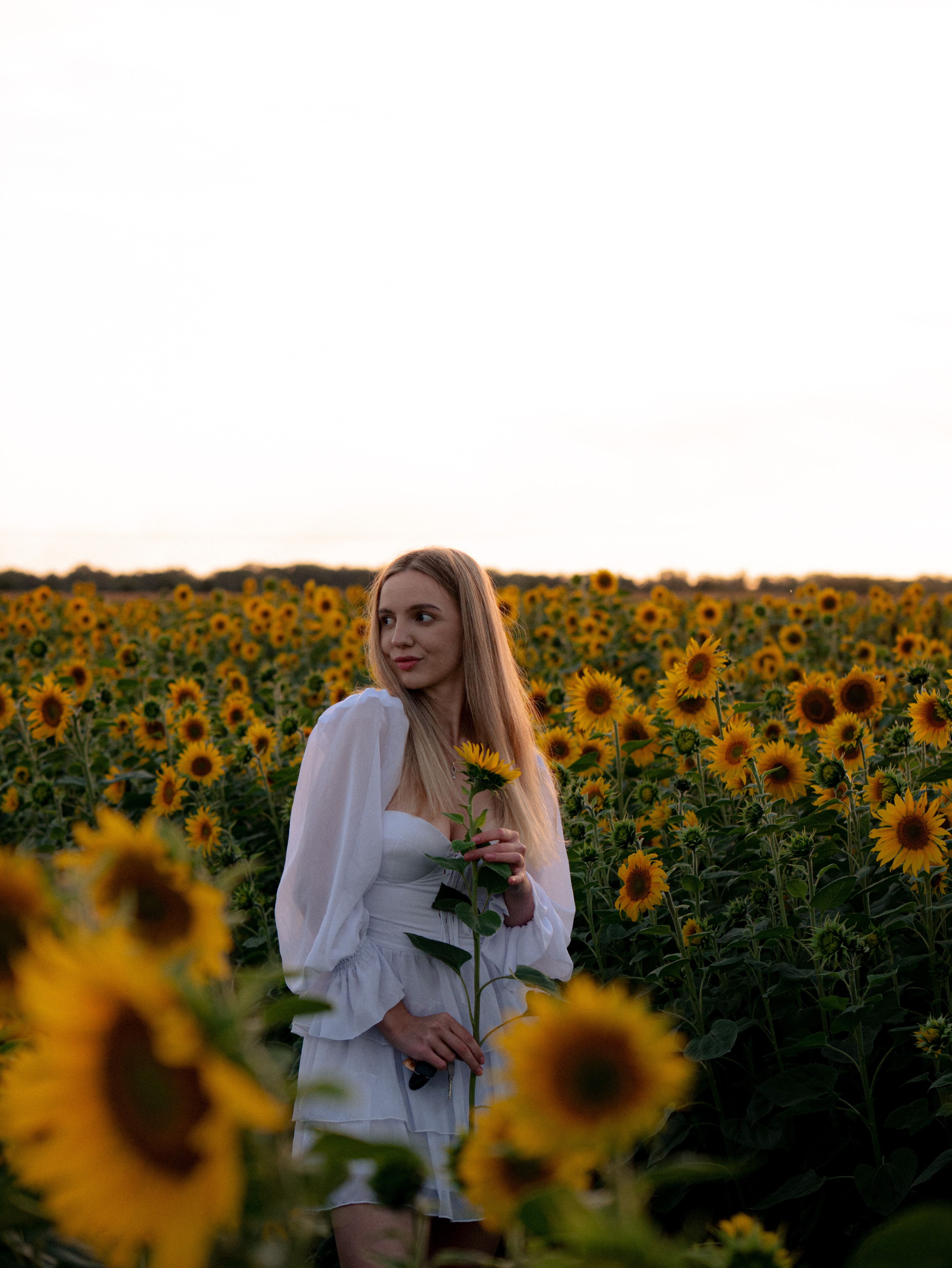 Blonde woman in a white dress standing in a sunflower field at sunset